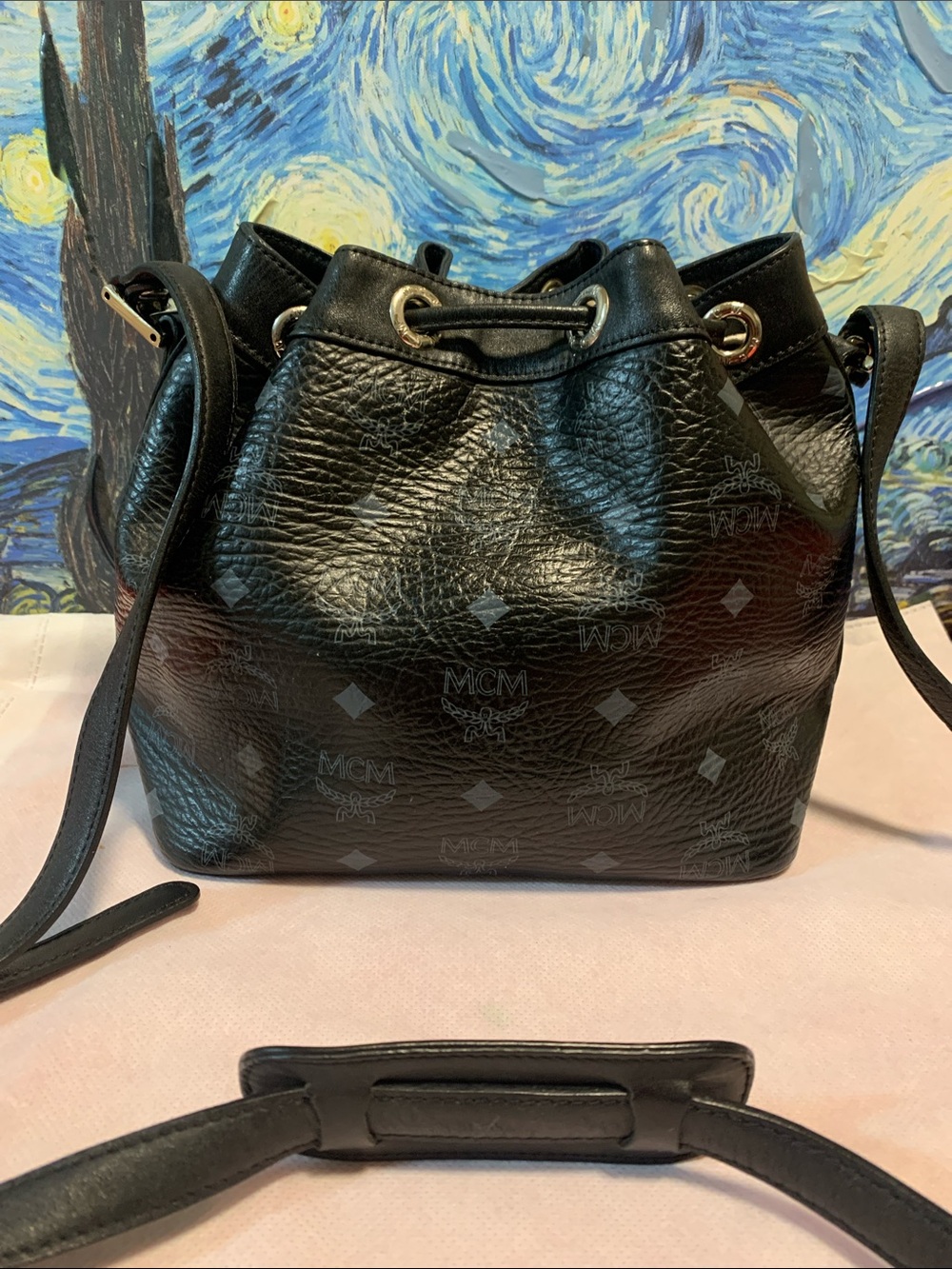 MCM Monogram leather Drawstring Crossbody Bucket Bag. - Picture 3 of 10
